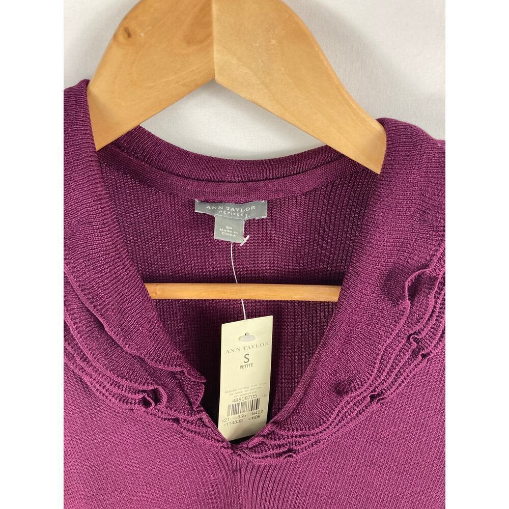 NWT Ann Taylor Knit V Neck Tank Purple Ruffle Neckline Size SP - Picture 2 of 3